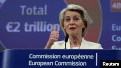European Commission President Ursula von der Leyen speaks to reporters in Brussels on July 16 while unveiling a proposal for the EU's next seven-year budget. 