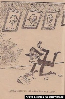 Caricatură de epocă a mareșalului Tito ca dușman sângeros al României