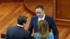 Albin Kurti, Glauk Konjufca dhe Albulena Haxhiu, gjatë seancës konstituive të Kuvendit të Kosovës, më 15 prill 2025.