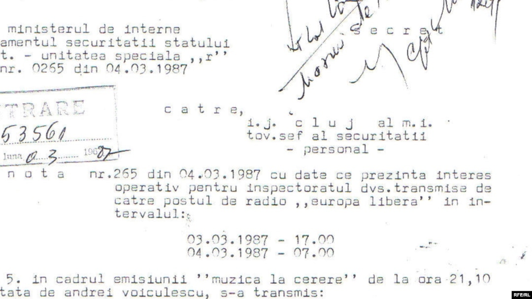 O notă a Securității din Cluj datată 4 martie 1987.